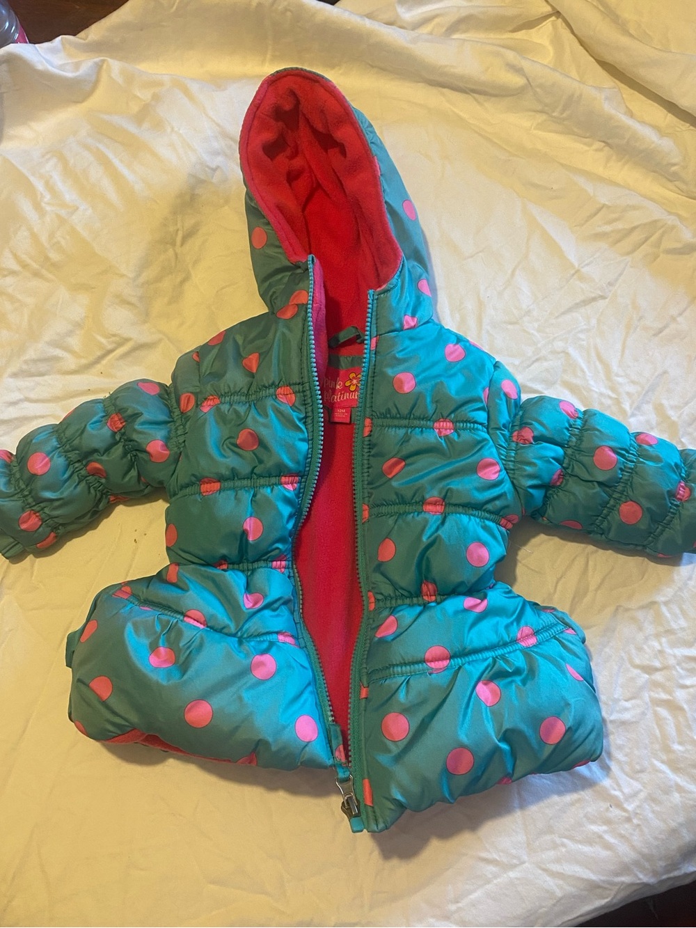 Pink Platinum Teal Puffer Jacket with Pink Polka Dots